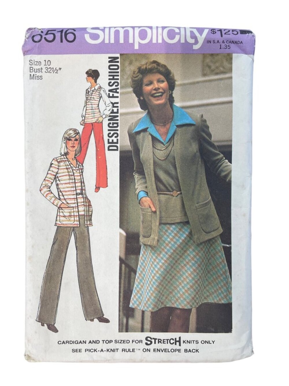 Vintage 70s Simplicity 6516 Sewing Pattern Size 10 Cardigan Top Pant Skirt CUT